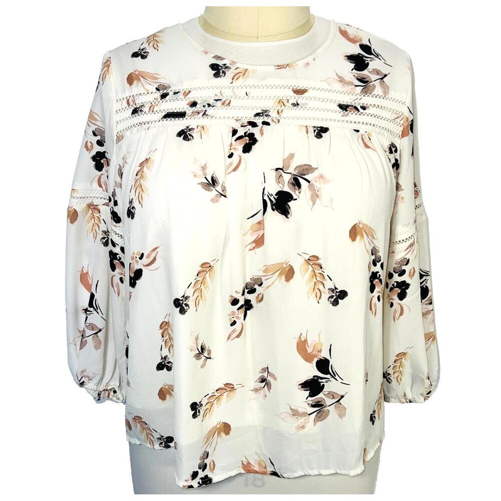 Frazzle Babydoll Top Women's L Blouse White Peach Black Floral Crochet Accents